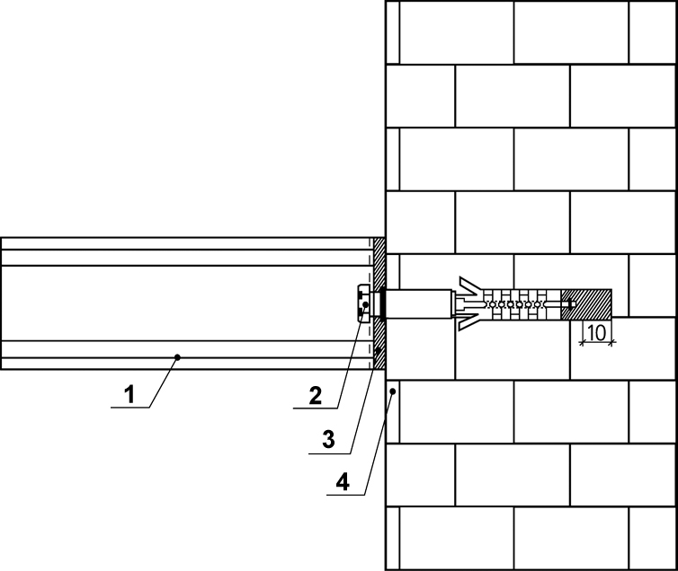 Рис. 3. Крепление кронштейнов к несущей части стены: 1 – кронштейн; 2 – анкер; 3 – паронитовая прокладка; 4 – несущая стена