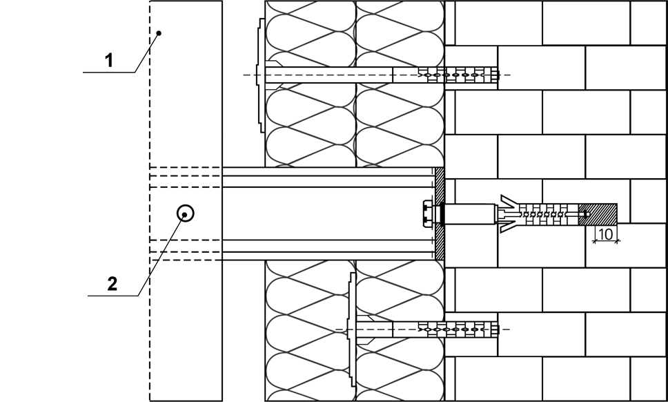 Рис. 5. Конструктивная схема крепления двух слоев теплоизоляции: 1 – профиль ГО; 2 – заклепка 4х10