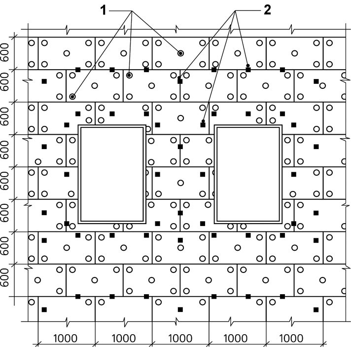 Рис. 7. Схема крепления двух слоев теплоизоляции на фасаде здания с оконными проемами: 1 – дюбель тарельчатый; 2 – кронштейн