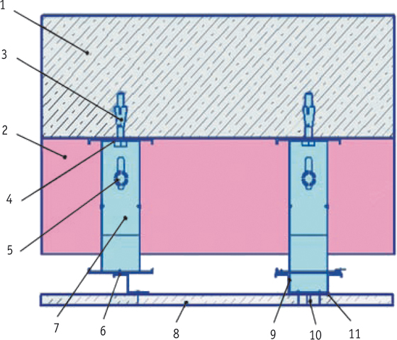Рис. 31. Схема узла крепления плоских хризотилцементных фасадных плит к стене: I - стена; 2 - утеплитель; 3 - анкерный дюбель; 4 - усиливающая шайба; 5 - болт с гайкой; 6 - шуруп самонарезающийся; 7 - несущий кронштейн; 8 - фасадная плита; 9 - несущий вертикальный профиль; 10-фасонный элемент; 11-лента EPDM