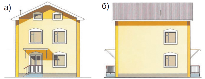 Рис. 40. Двухэтажный одноквартирный жилой дом: а) фасад; б) вид сбоку 