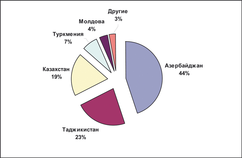  Рис. 4. Распределение экспорта шифера по основным странам в 2009 году Источник. ABARUS Market Research, ФТС РФ.